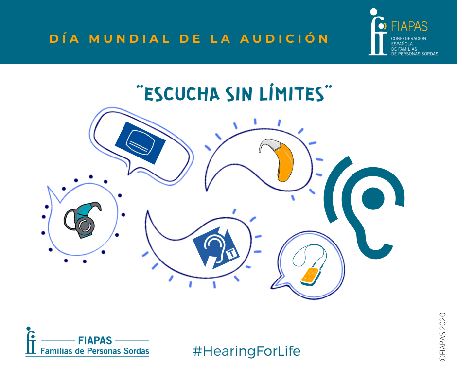 La imagen contiene dibujos de un implante coclear, un audífono, los símbolos de accesibilidad auditiva y de un fm portatil. En ella están los logotipos de FIAPAS así como el lema "Escucha sin límites"