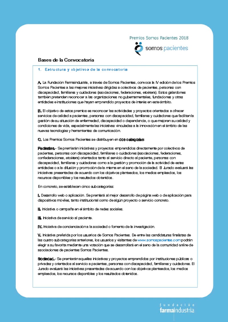 Bases de la convocatoria de la IV edición de los Premios Somos Pacientes